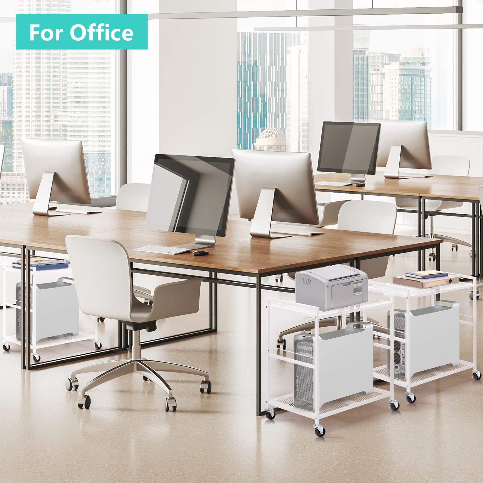 YBING Computer Tower Stand White PC Tower Stand 2 Tier CPU Holder Stand with Wheels Metal Mobile Computer Tower Cart Rolling PC Stand Floor for Fax