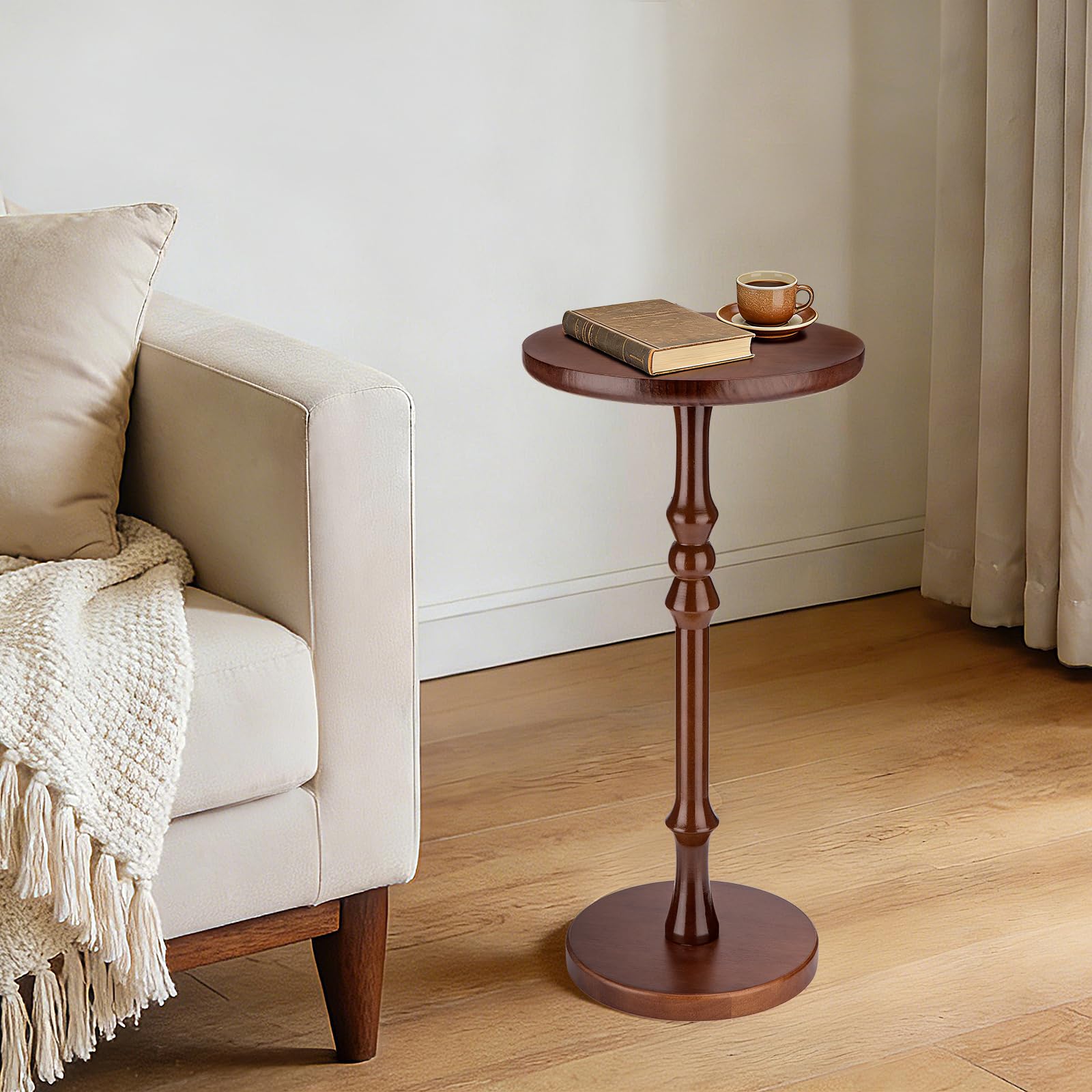 Lampaggio Round Side Table for Small Spaces, Drink Table with Oak Wood Pedestal Base, Modern Accent End Table or Nightstand for Living Room, Bedroom