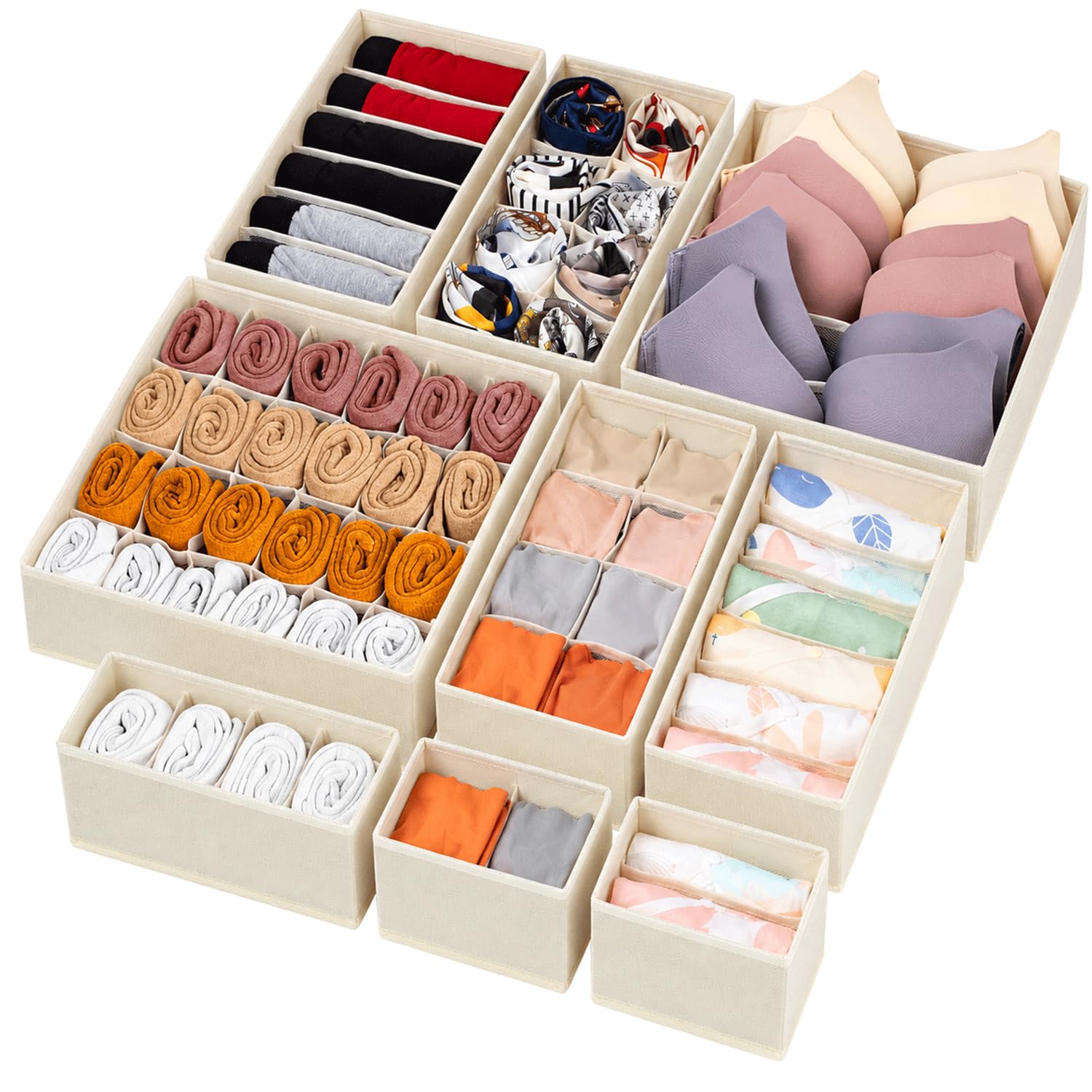 MAK2 12 Pack Foldable Drawer Organiser Boxes for Wardrobe Storage, Fabric Clothes Storage Organiser for Socks, Underwear, Bras & Towels