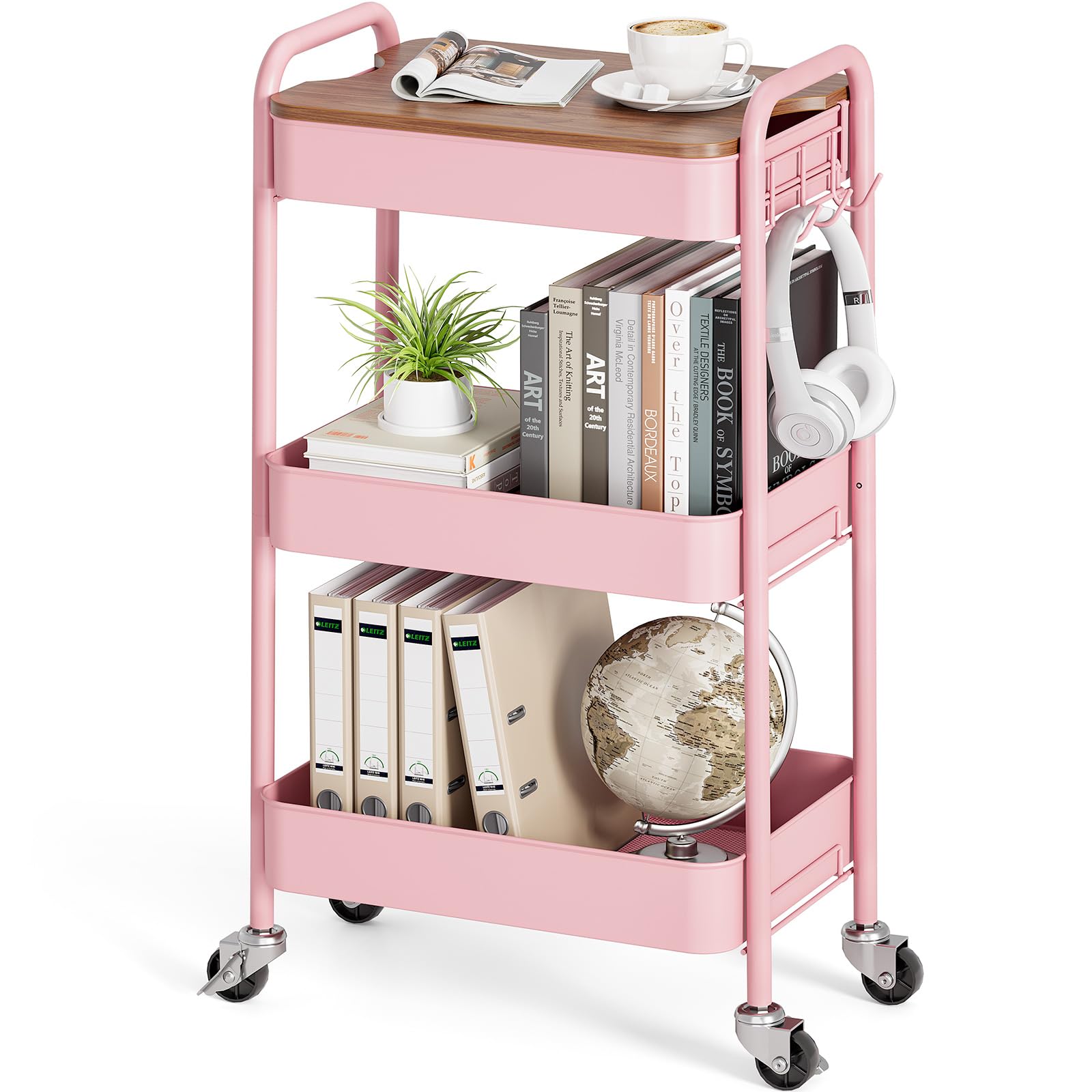 KINGRACK 3-Tier Rolling Storage Trolley, Pink