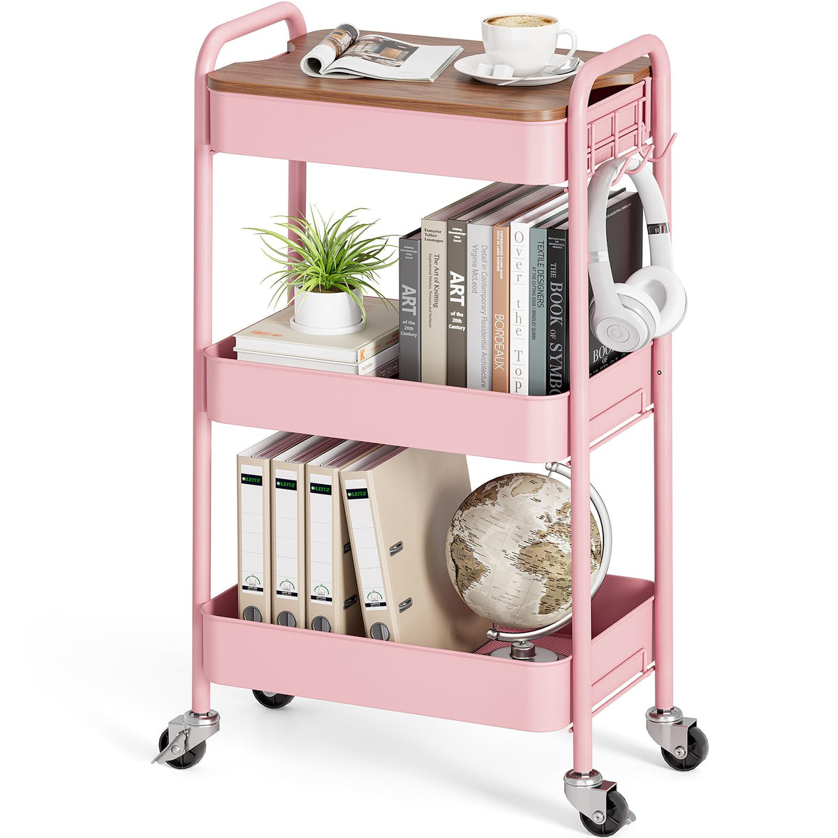 KINGRACK 3-Tier Rolling Storage Trolley, Pink