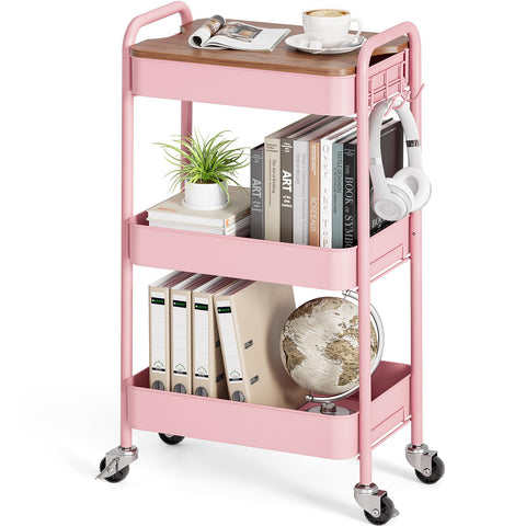 KINGRACK 3-Tier Rolling Storage Trolley, Pink