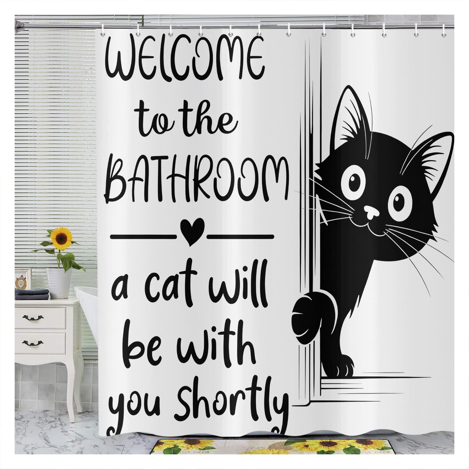 ASDCXZ Funny Cat Shower Curtain 120x200 cm, Cute Cartoon Black Kitten Hide and Seek Kids Bathroom Waterproof Bath Curtain Polyester Textile Washable