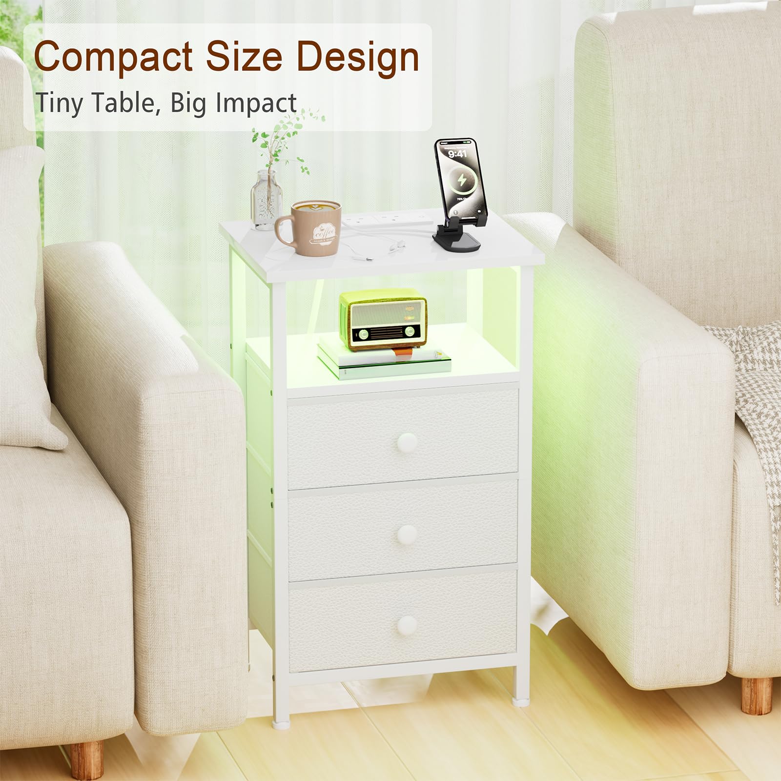LOAKEKEL Bedside Table with Charging Station, Side Table with 3 Drawers