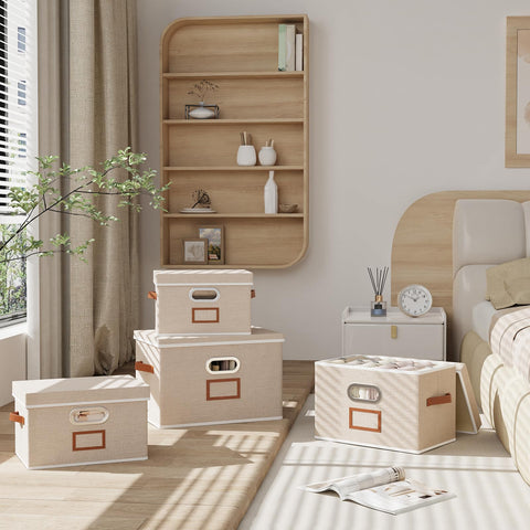 OUTBROS 3 Set Storage Boxes with Lids, Organiser Box 26×20×17cm, Beige