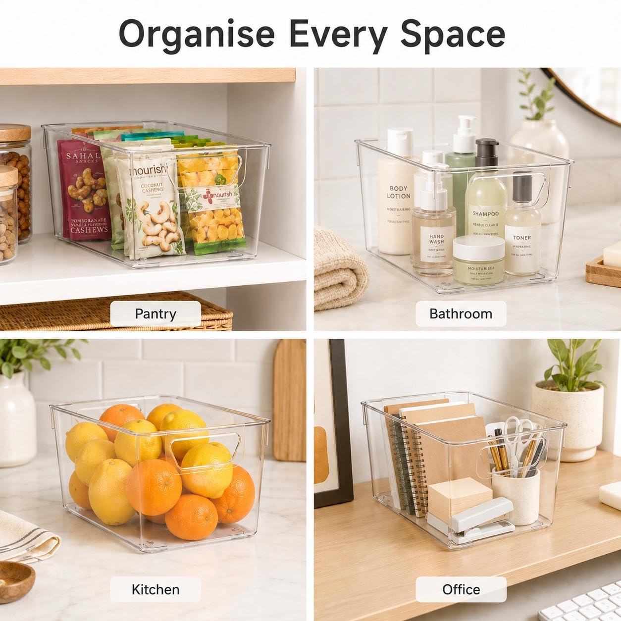 Sydroya 4 Pack Clear Plastic Storage Bins, Pantry Organiser Bins with Handle for Fridge, Kitchen, Cupboard Organization, Refrigerator, Countertop