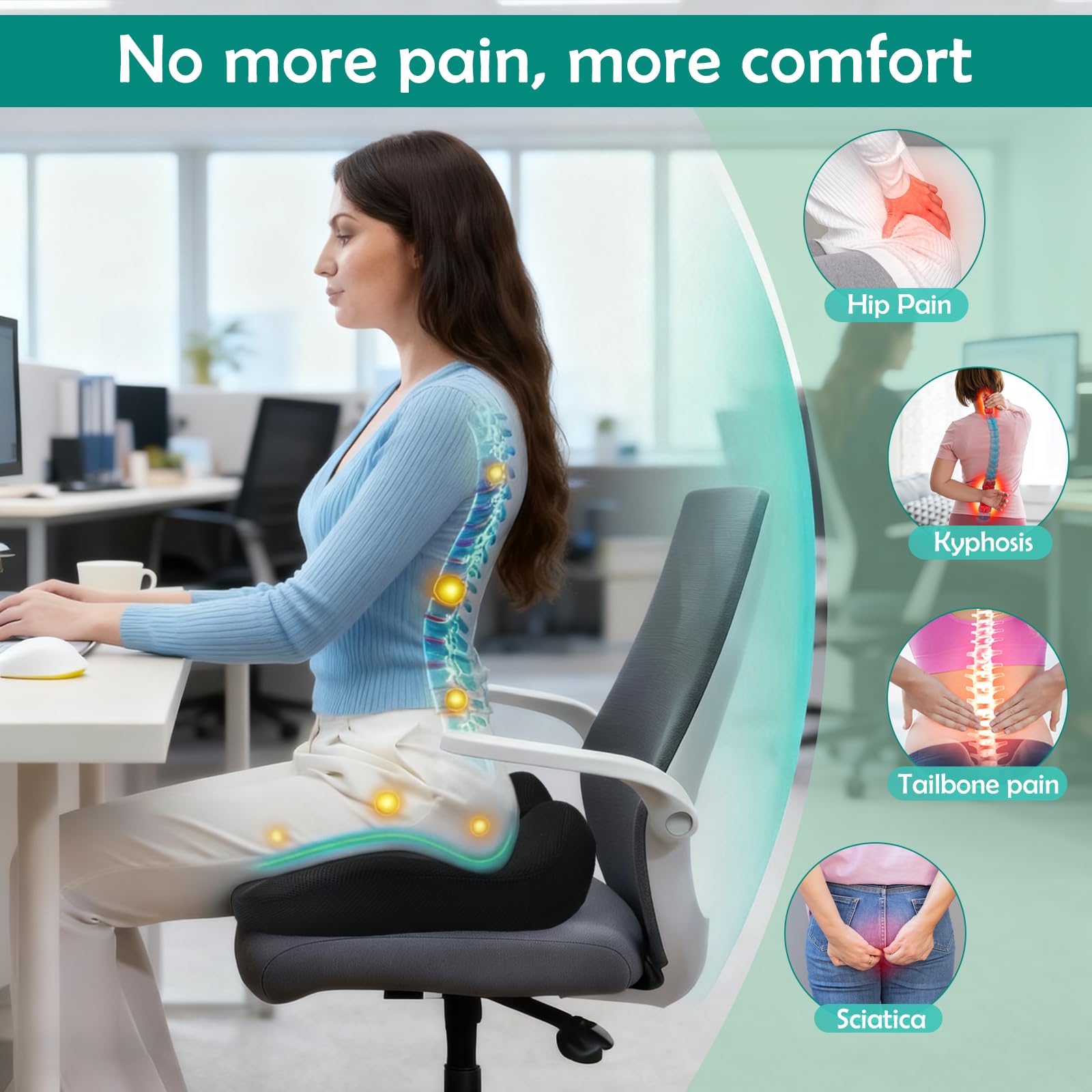 Memory Foam Seat Cushion for Long Sitting, Ergonomic Tailbone Coccyx Pain Relief, Orthopedic Viscoelastic Pad with Washable Non Slip Cover