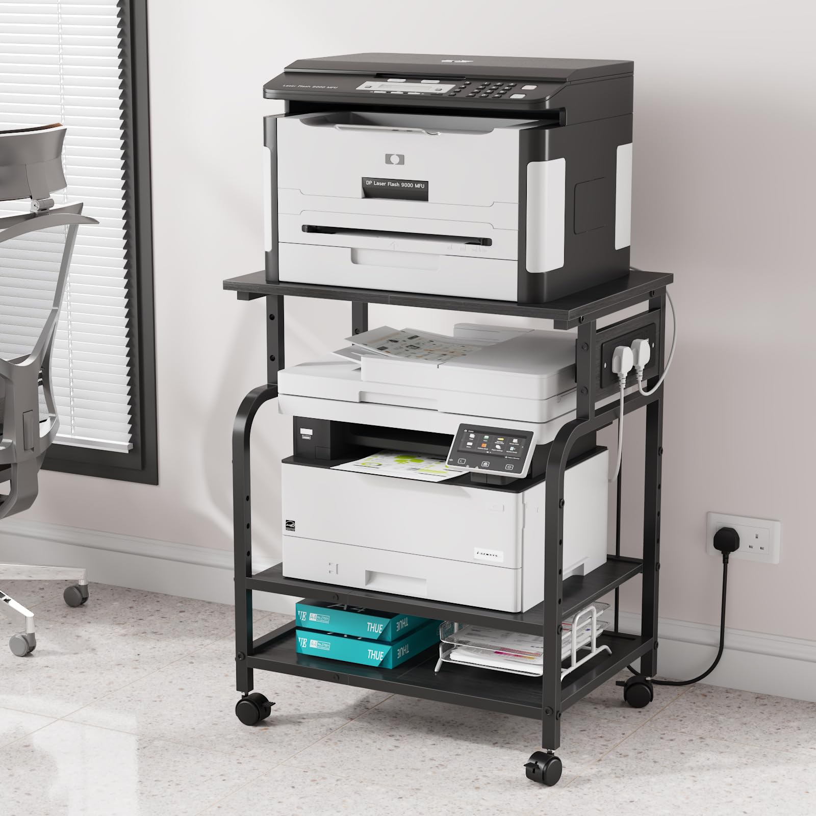 OYRREU 3-Tier Rolling Printer Stand with Outlets for Home, Office, Black