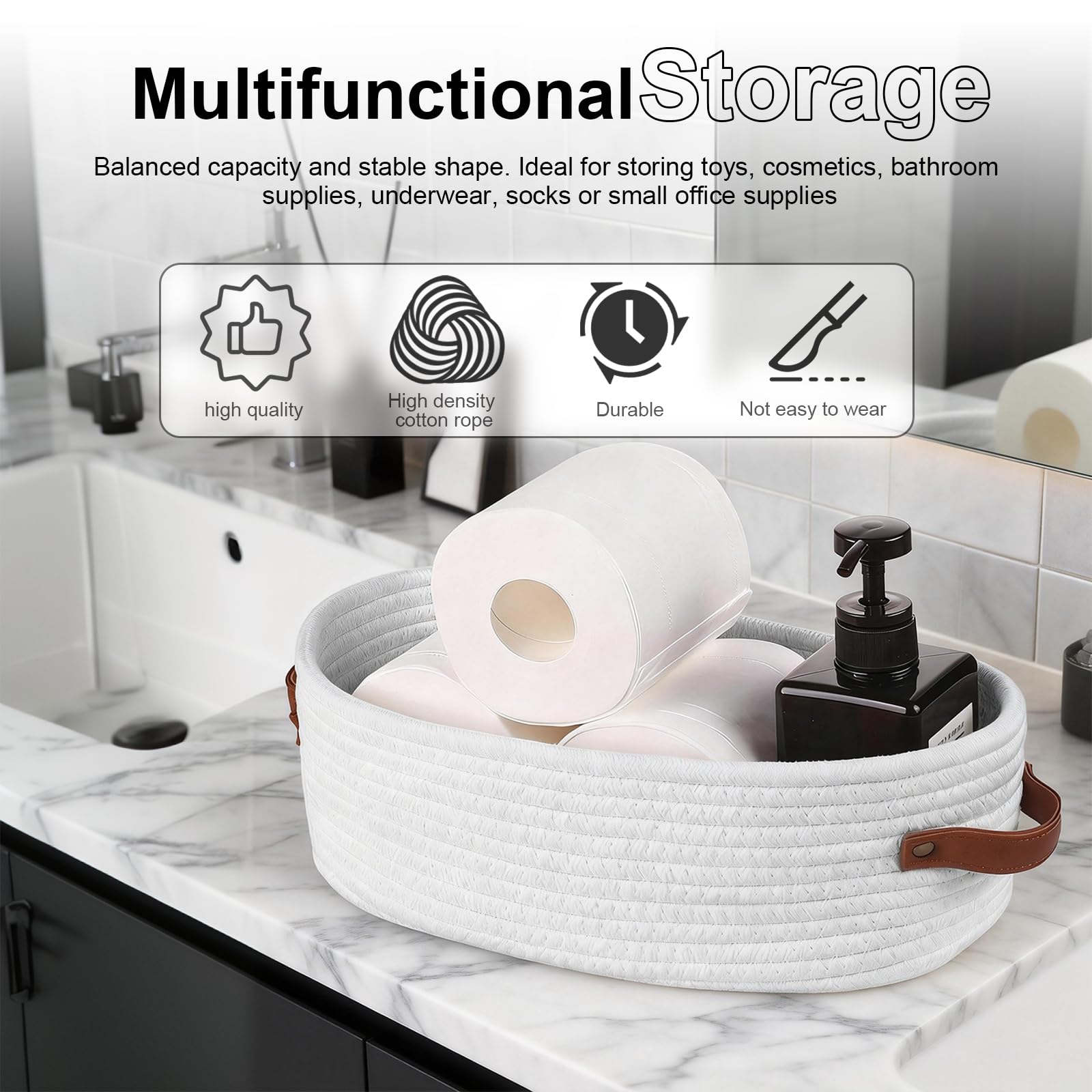 TIANLIN 2-Pack Woven Cotton Rope Small Storage Basket with Leather Handles, 33x15x10 cm (13"x6"x4"), Small Organiser Baskets for Bathroom, Bedroom