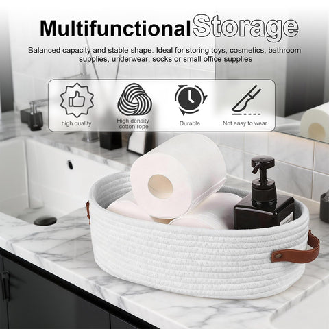TIANLIN 2-Pack Woven Cotton Rope Small Storage Basket with Leather Handles, 33x15x10 cm (13"x6"x4"), Small Organiser Baskets for Bathroom, Bedroom
