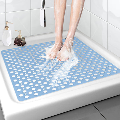 Square Shower Mat 70x70 cm, Non Slip Shower Mat, Soft TPE Large Shower Mats for Inside Shower, Bath Mat with Suction Cups & Drain Holes