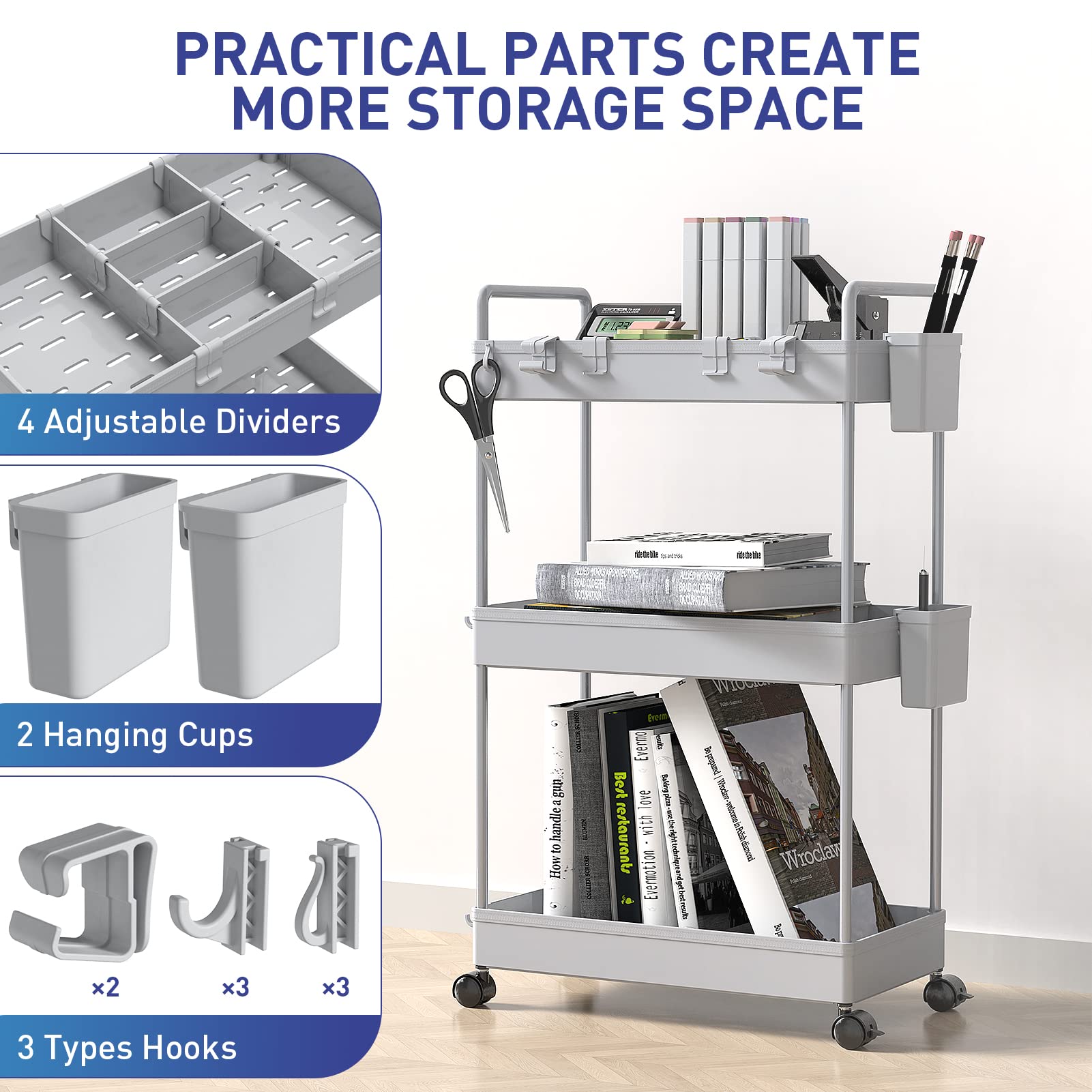Ronlap Slim Storage Trolley, 3 Tier Rolling Cart Storage Organizer, Grey