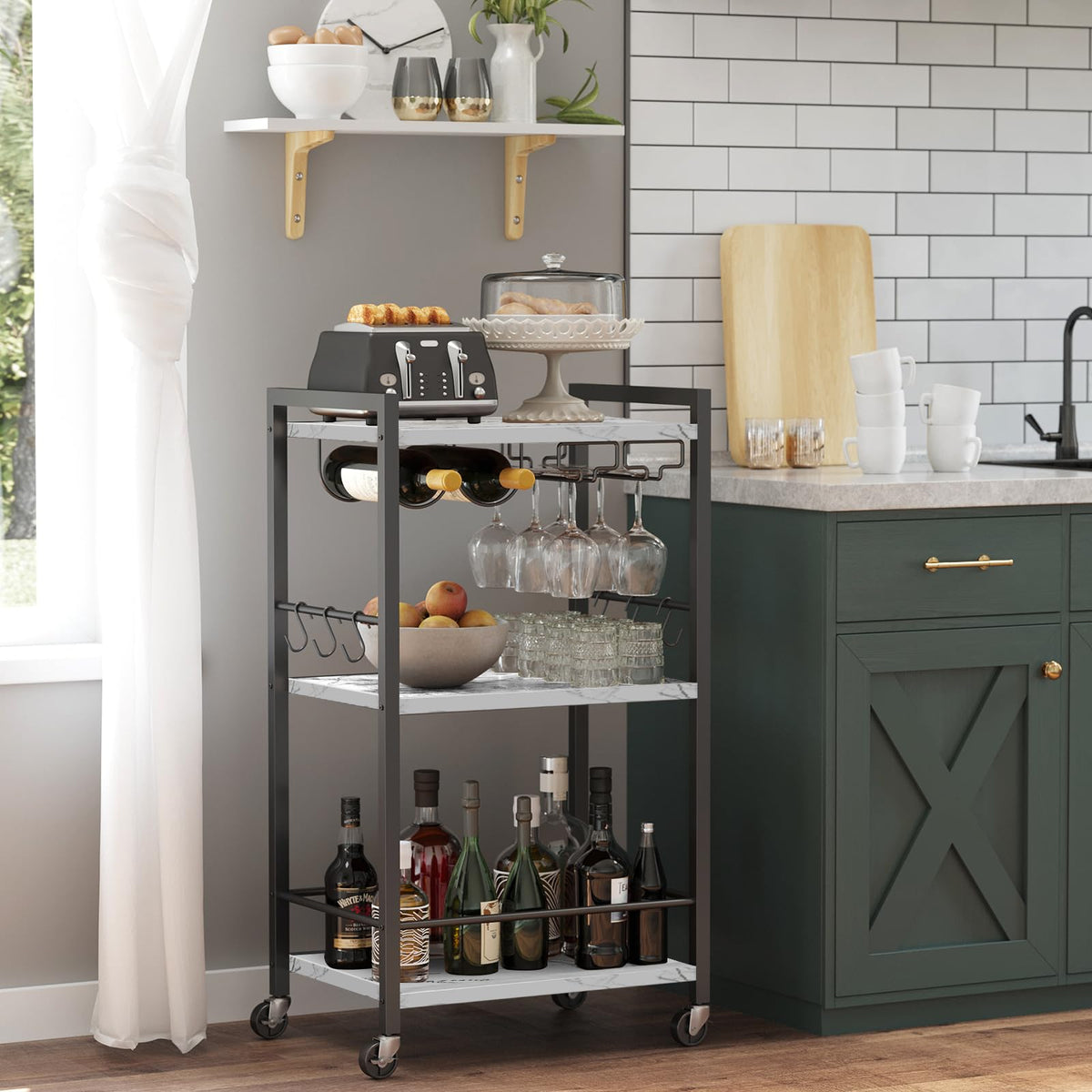 TUTOTAK Drinks Trolley, Bar Cart with 3-Tier Shelf, Serving Trolley with Wine Rack, Glass Holder, Rolling bar cart for The Home, Living Room