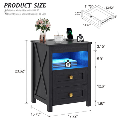 FREDEES LED Bedside Table with Hidden Drawer for Bedroom, Black