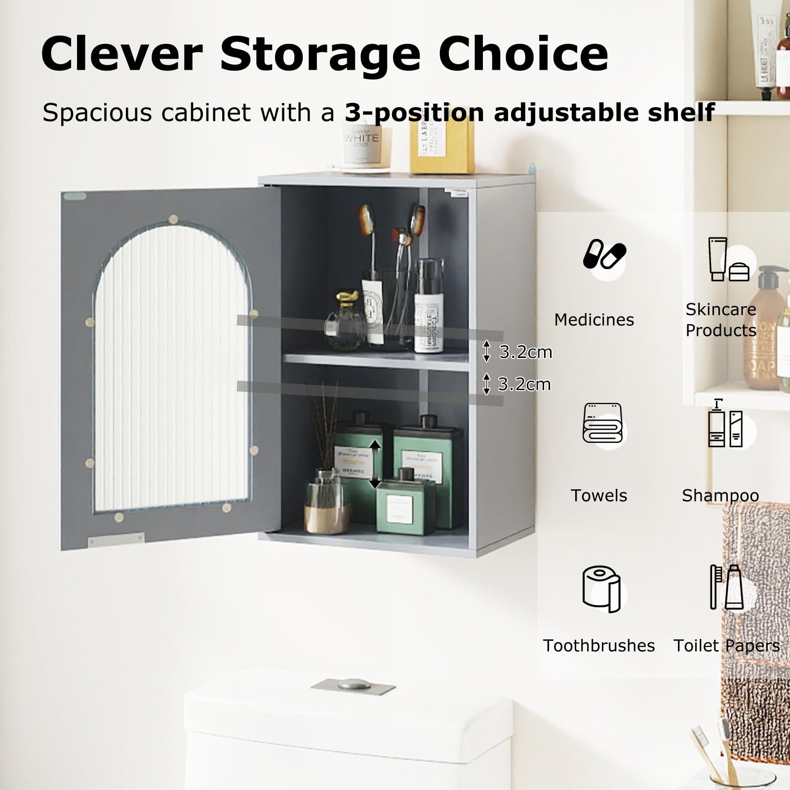 RELAX4LIFE Bathroom Wall Cabinet, Wall-Mounted Storage Cupboard with Tempered Glass Door and Adjustable Shelf
