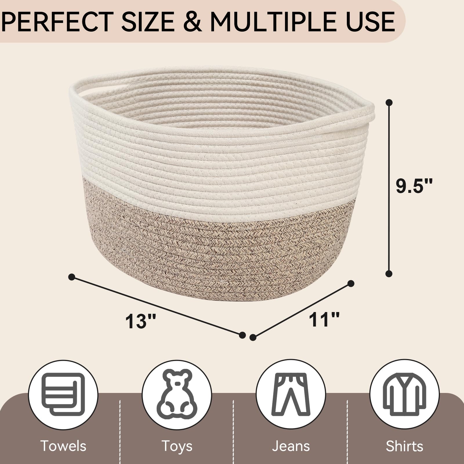 Pomodee White-Brown Cotton Rope Woven Storage Basket with Handle,34×28×24 cm,Storage Baskets for Gifts,Toys,Clothes,Books,Bathroom and Living Room