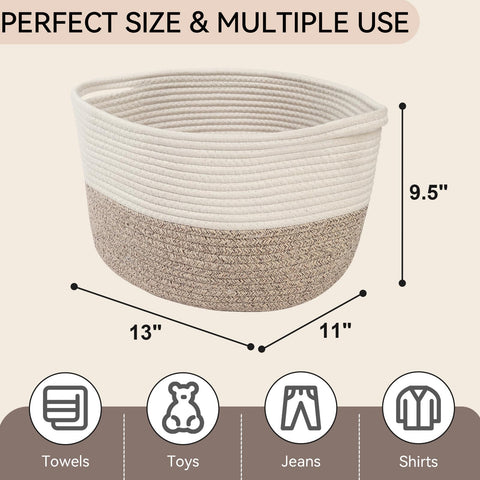 Pomodee White-Brown Cotton Rope Woven Storage Basket with Handle,34×28×24 cm,Storage Baskets for Gifts,Toys,Clothes,Books,Bathroom and Living Room