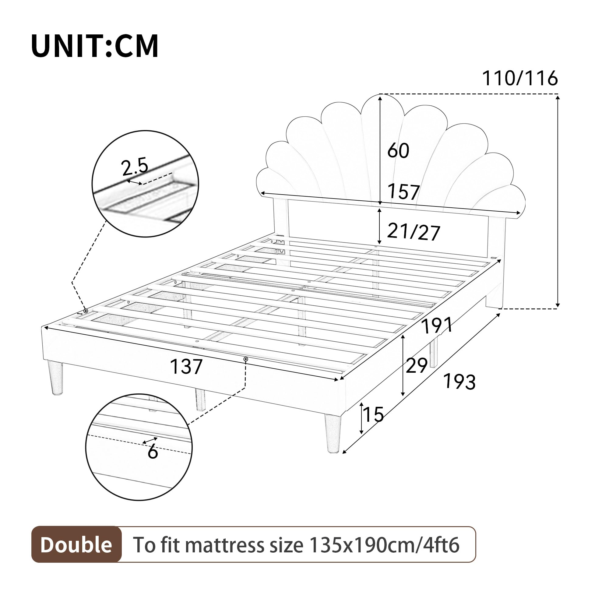 Ball & Cast Double bed frame, 4ft6 Double Upholstered Bed, Adjustable Chic Petal Headboard, Sturdy Wooden Slat Support, Velvet Fabric (No Mattress)