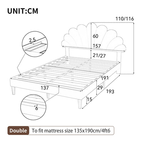 Ball & Cast Double bed frame, 4ft6 Double Upholstered Bed, Adjustable Chic Petal Headboard, Sturdy Wooden Slat Support, Velvet Fabric (No Mattress)