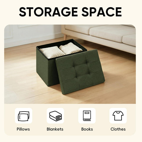 PINPLUS Linen Ottoman Storage Box with Lid, 42x32x32 cm, Olive Green
