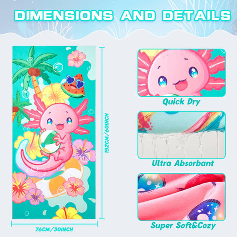 WERNNSAI Axolotl Microfibre Beach Towel for Kids, 76 x 150cm Bath Towel