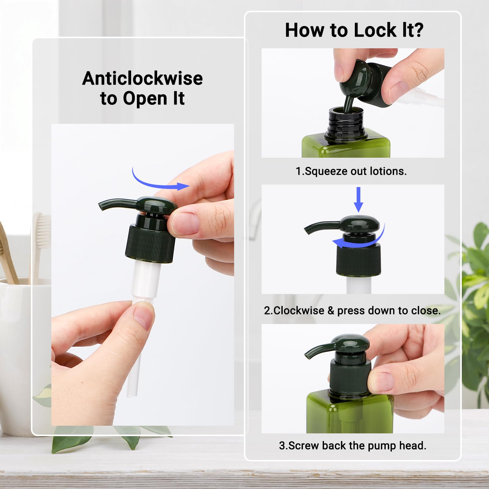 Segus Hand Soap Dispenser, 3 Pieces 100ml Empty Shampoo Bottles, Small Shower Dispensers with Labels, in Plastic, Bathroom Accessories (Dark Green)