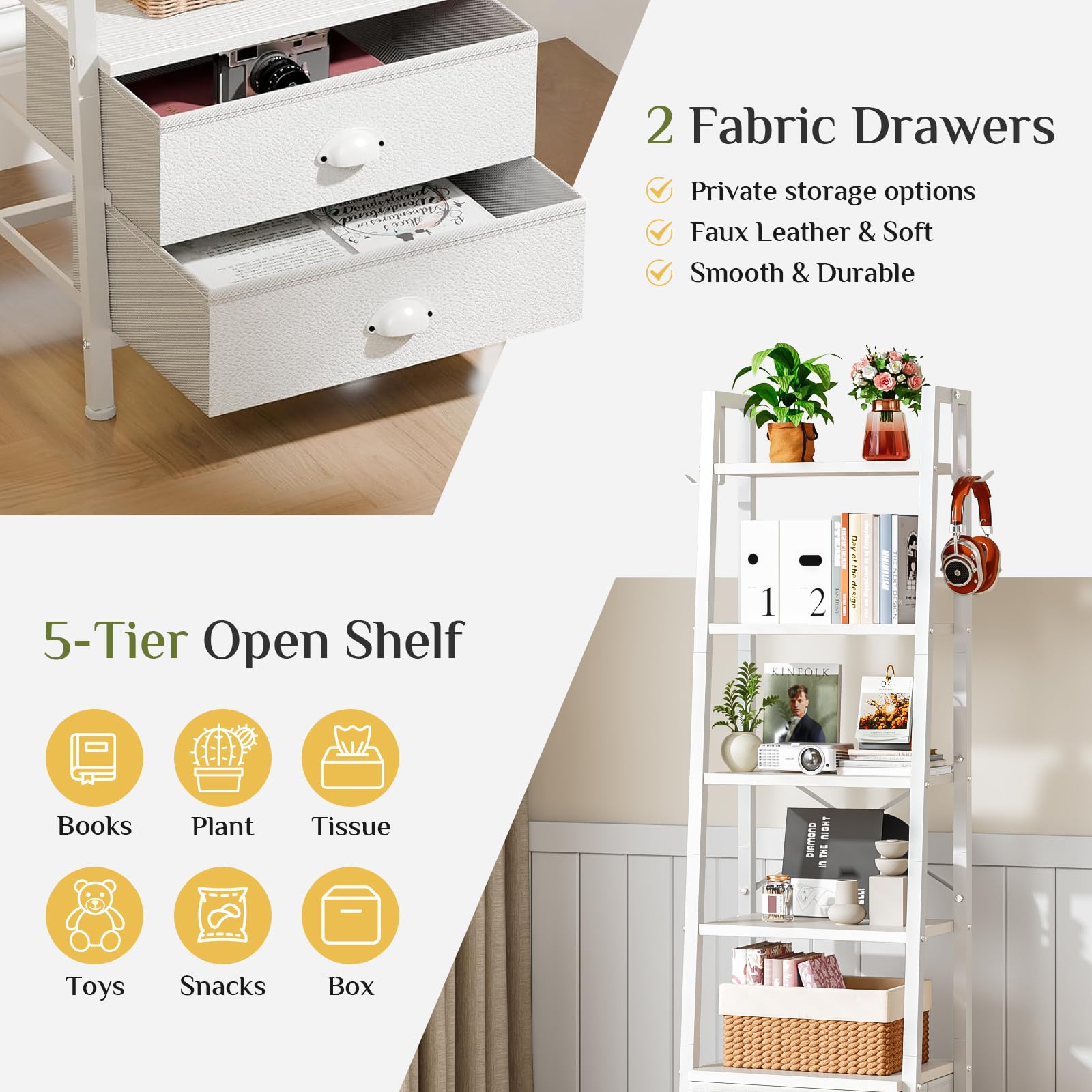Wooruy 5 Tier Narrow Bookshelf with 2 Fabric Drawers Corner Ladder Shelf