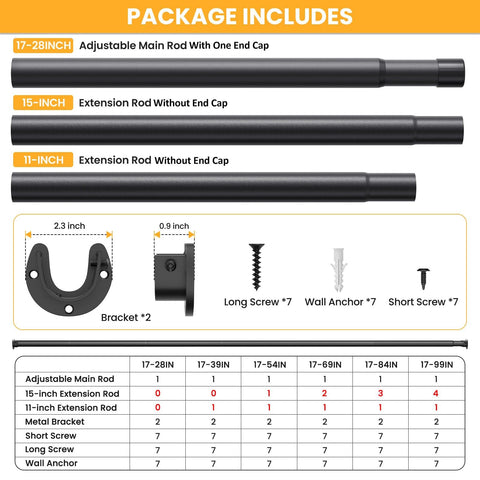 JWJK Adjustable Wardrobe Rail 43–103 cm, Heavy Duty 3.3 cm Metal Clothes Rail with Fittings, Black Closet Rod for Wardrobes, Laundry Room & RV
