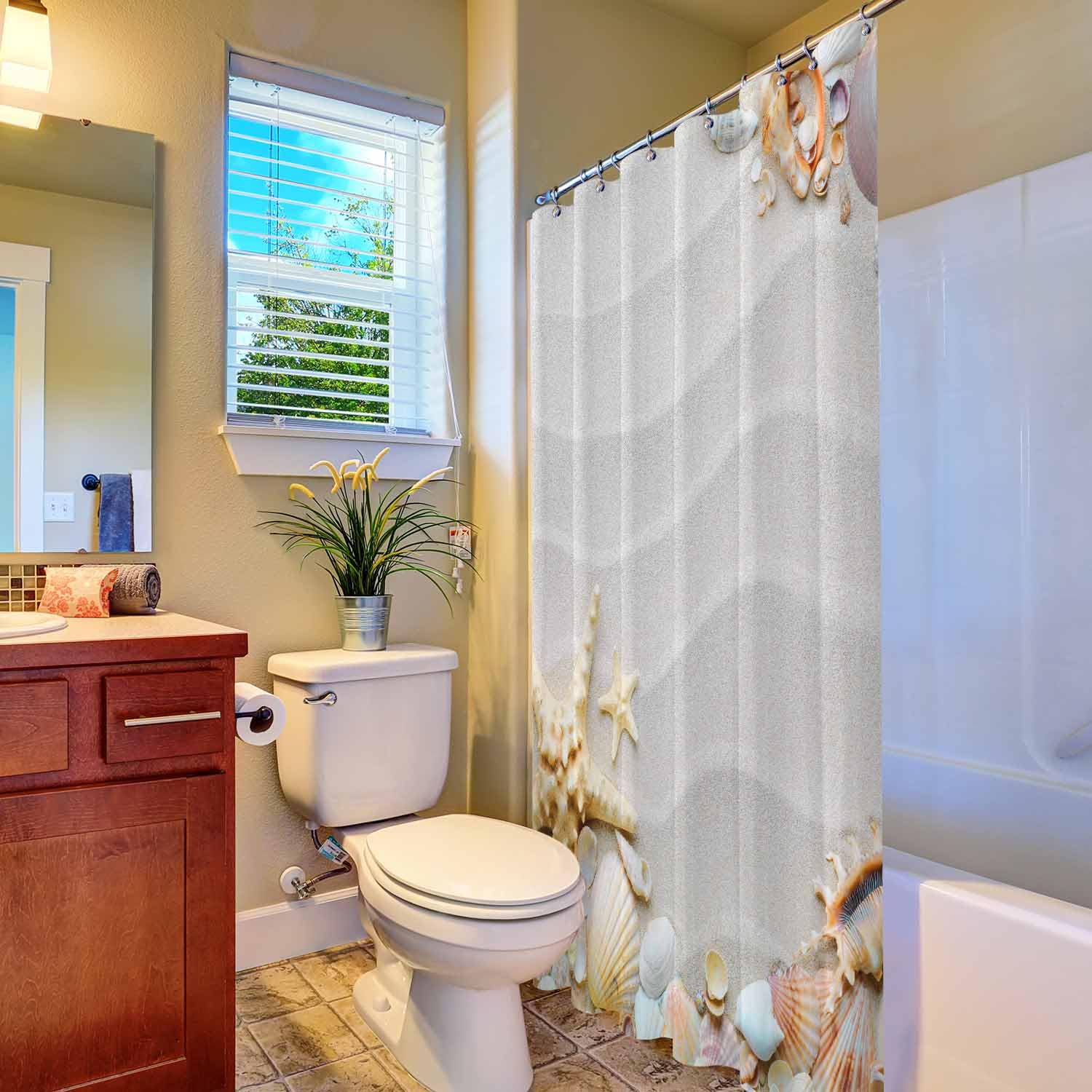Woutay Shower Curtain Mould Proof Resistant Beach Shells,Water Repellant Fabric,Polyester,with 12 Plastic Hooks,Size 180x180CM