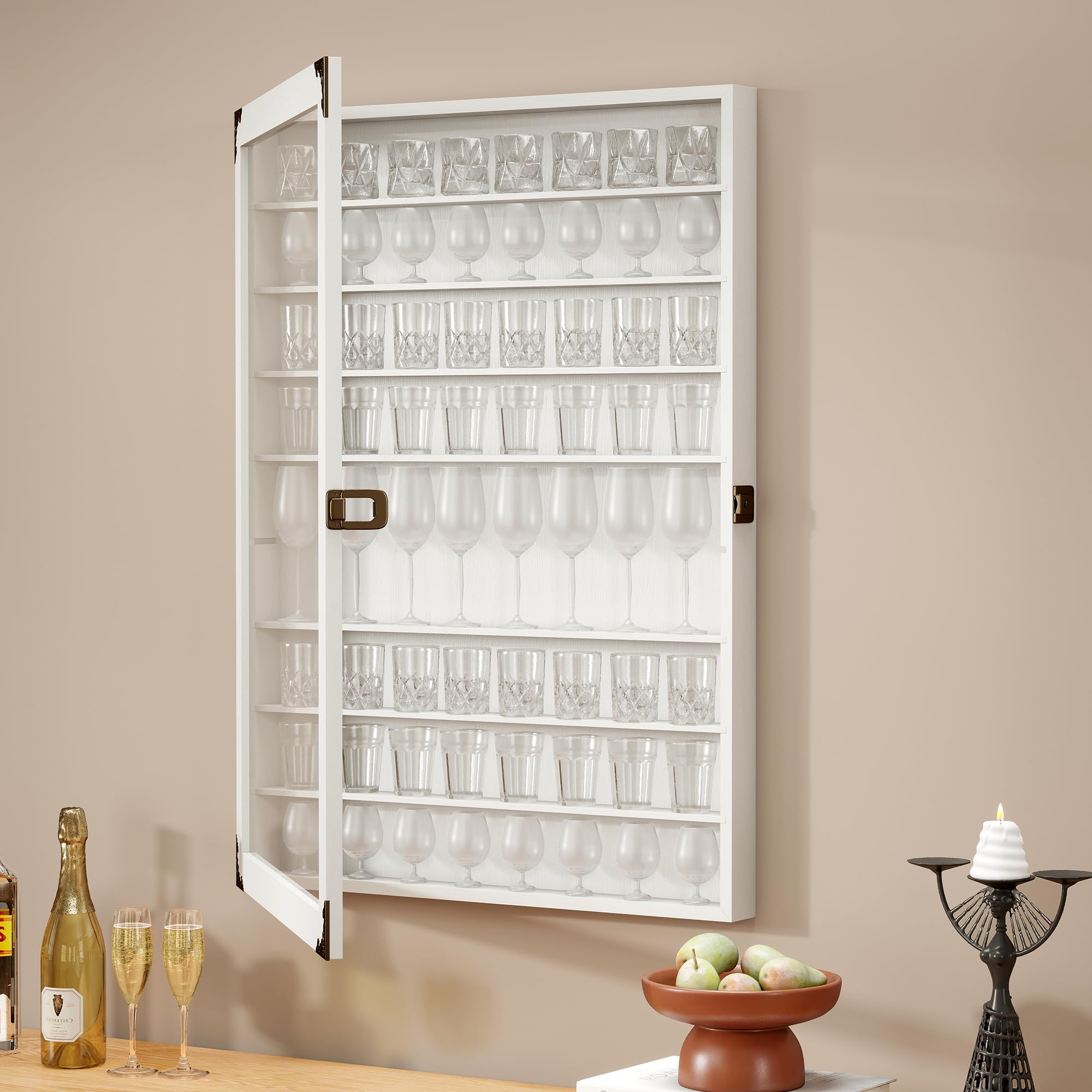 tonchean Shot Glass Display Case Lockable 72 Slots Wooden Display Cabinet