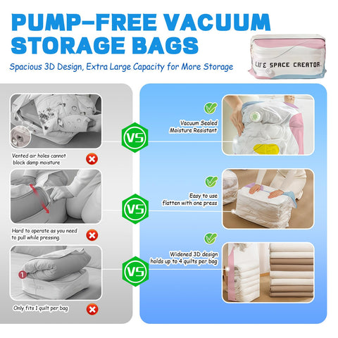 XQMMGO 2 Pack No Pump Vacuum Storage Bags, Large Cube Vacuum Pack Bags for Clothes and Duvets, Space Saver Compression Bags for Travel