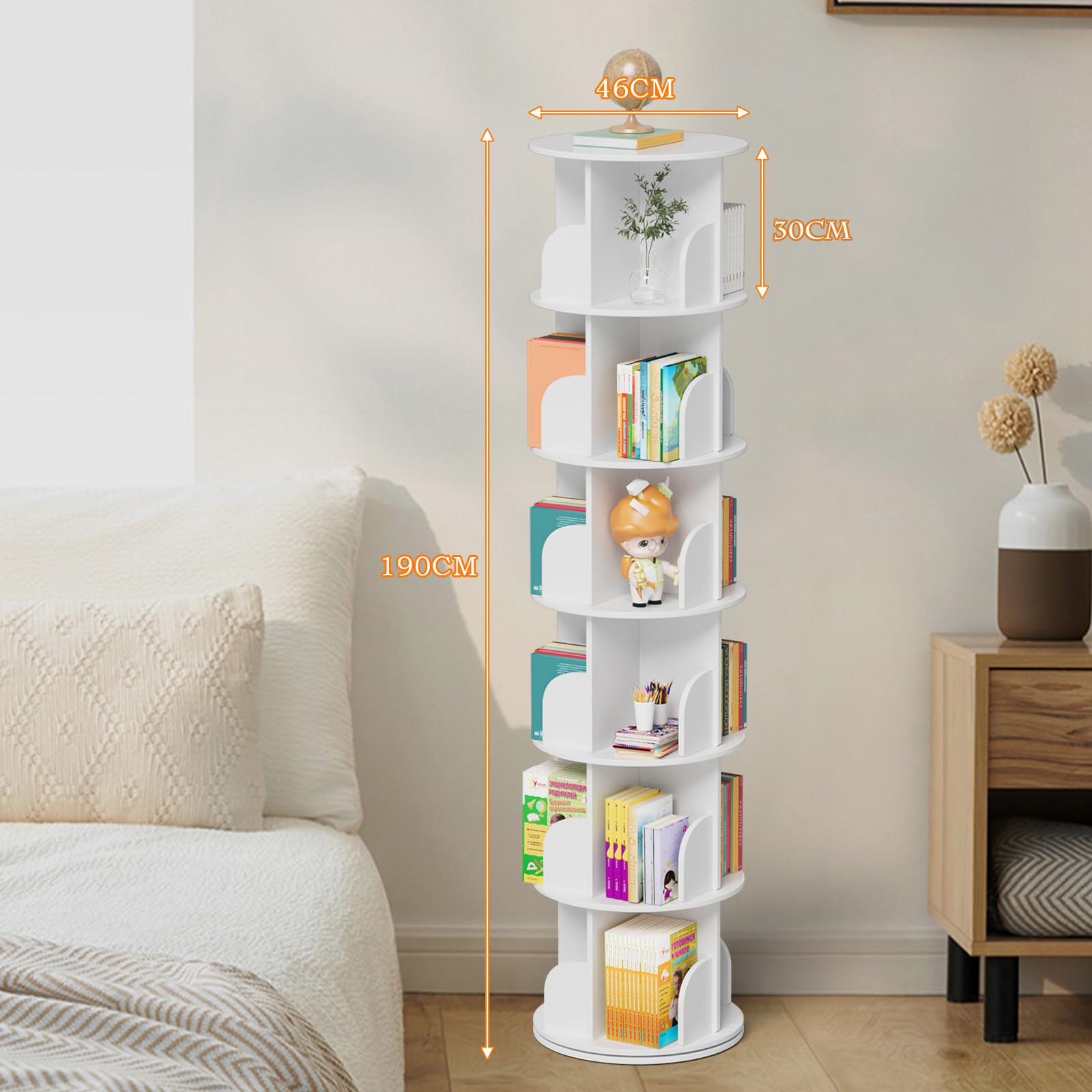 tonchean 6-Tier Rotating Bookcase, Large Standing Shelf, Rotating Shelf, 190 cm