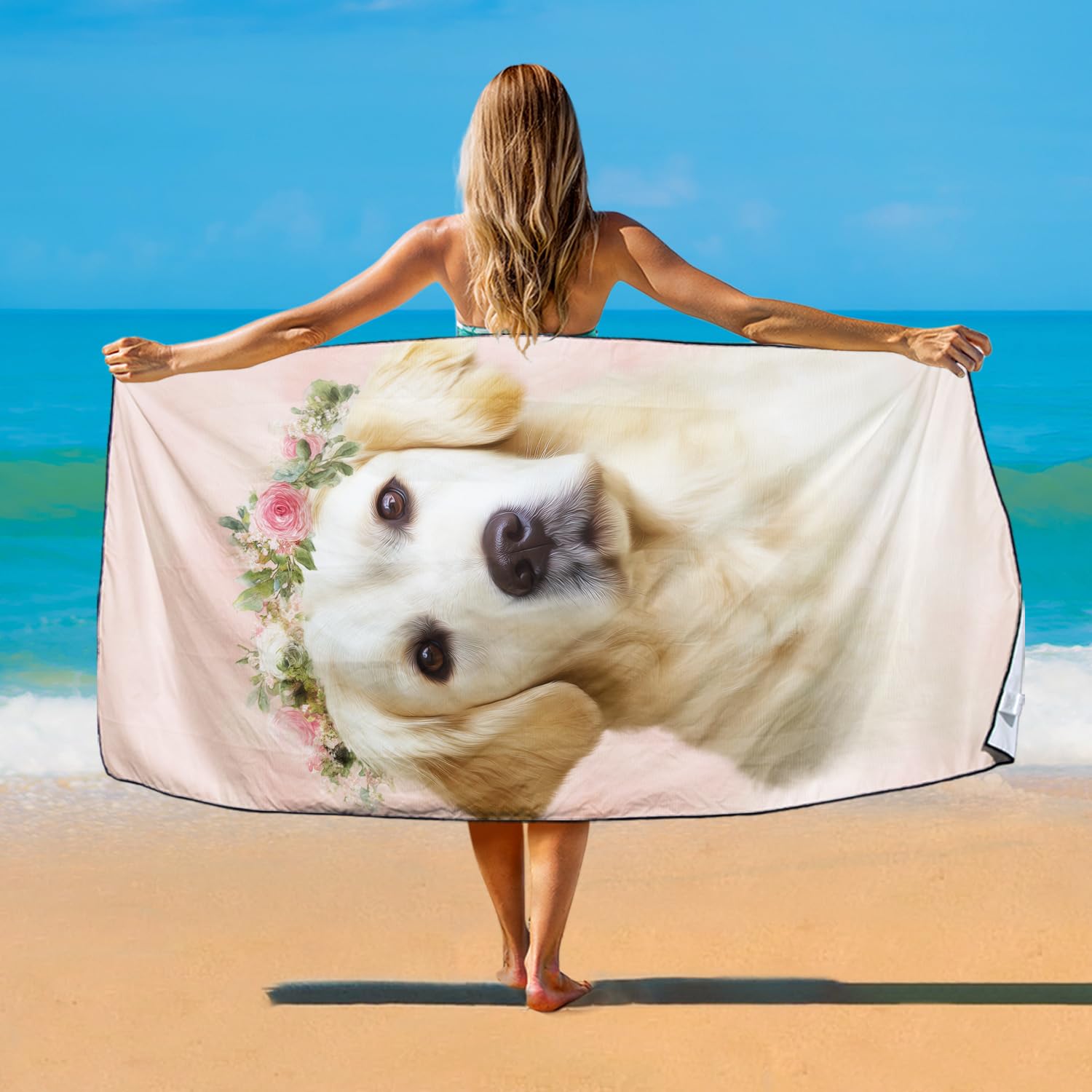 Violetpos Floral Wreath Golden Retriever Beach Towel for Dog Lovers, Extra Large 180x90 cm 250GSM Microfibre, Sand Free Quick Dry
