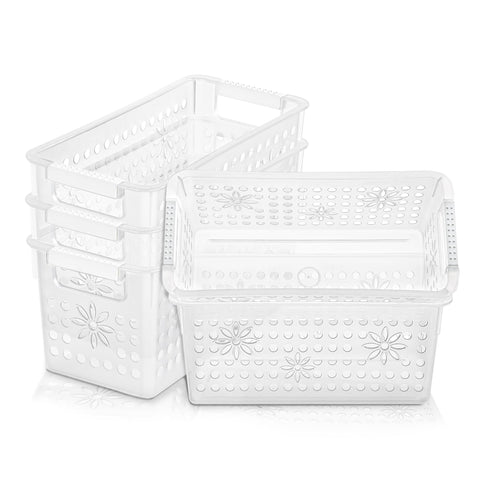 Cetomo Plastic Storage Box, Storage Baskets with Handle, Shelf Basket Organizer with Hole, Open Top Storage Bin for Home Kitchen Office, Transparent