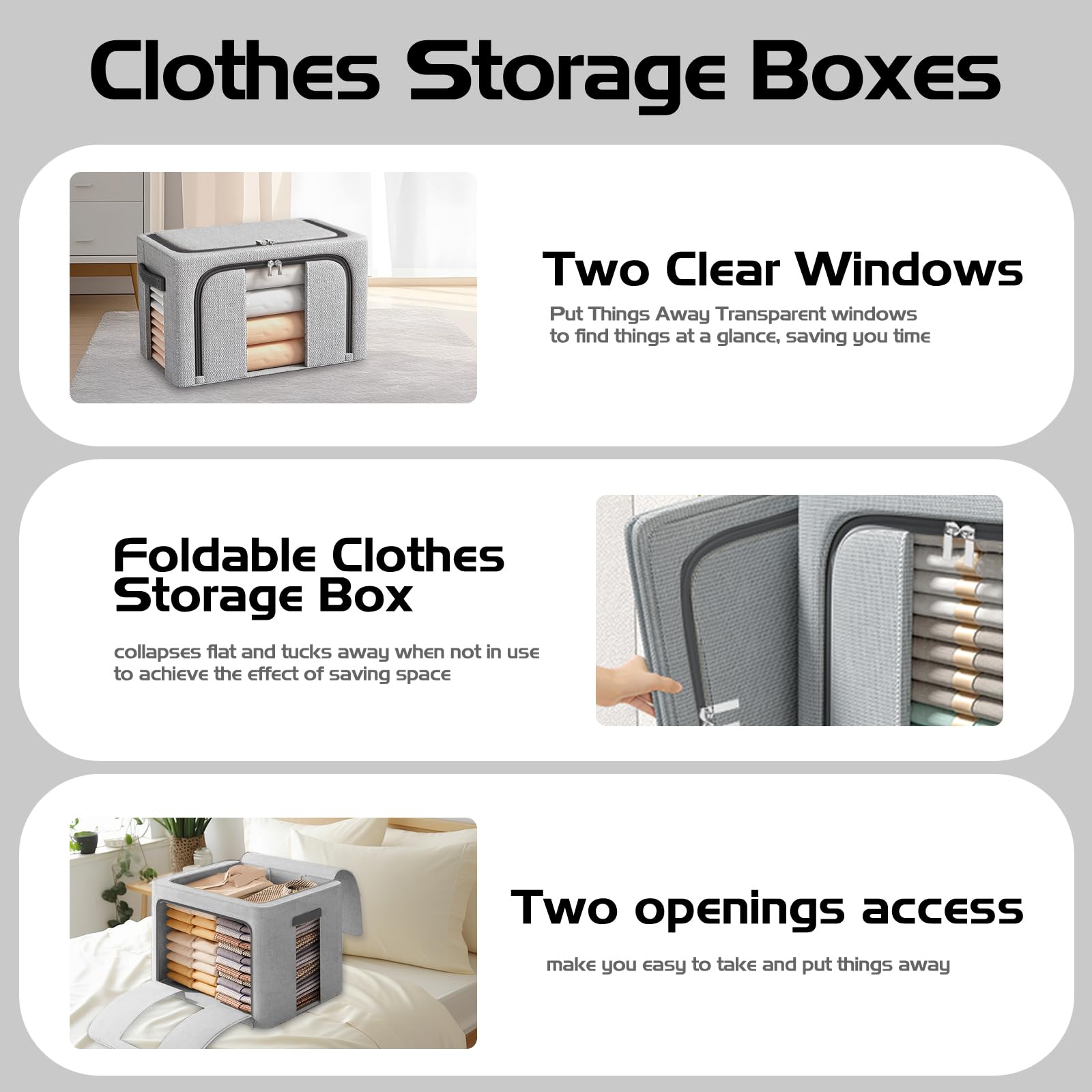 BOUDOI Clothes Storage Boxs With Lid，Large Storage Box With Double opening Zips Clear Windows，Foldable Oxford Cloth Steel Frame