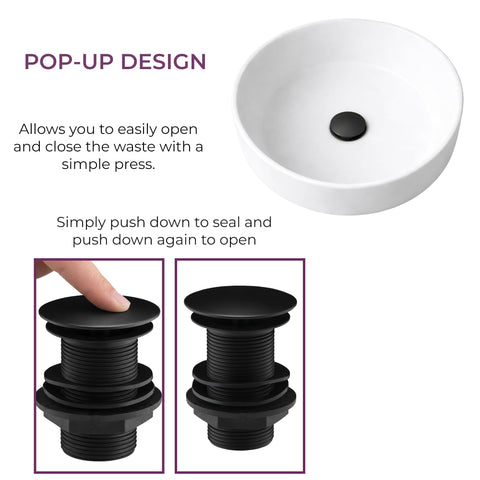 Go Bathrooms Black Basin Waste Unslotted Sink Plug Click Clack Mechanism Pop Up Push Down Design Matt Black Replacement Bathroom Sink Plug For Basins