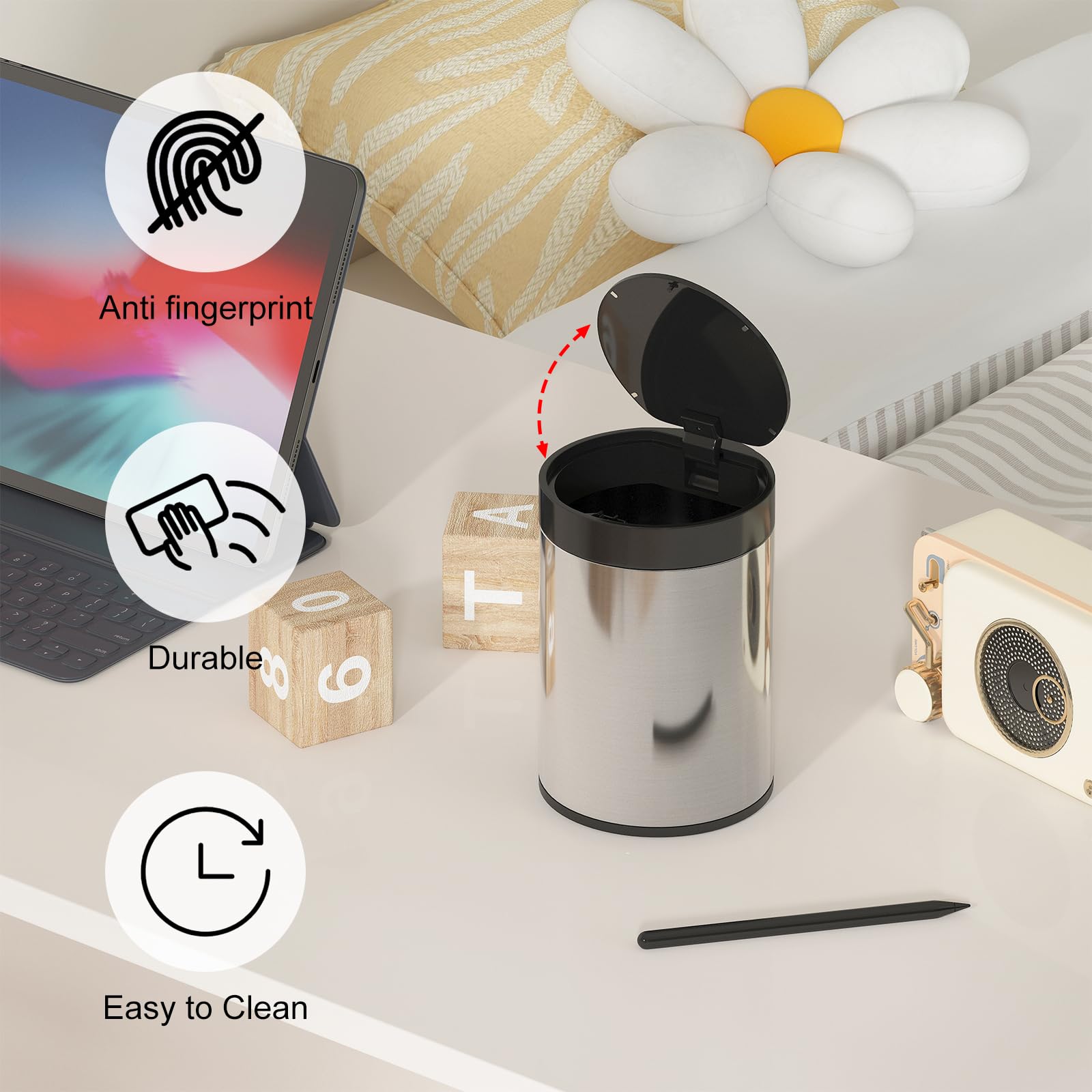 SolaceCove Mini Bin with Lid, Tea Bag Bin Stainless Steel Desktop Small Trash Can, 0.4Gal 1.5L Tabletop Trash Can