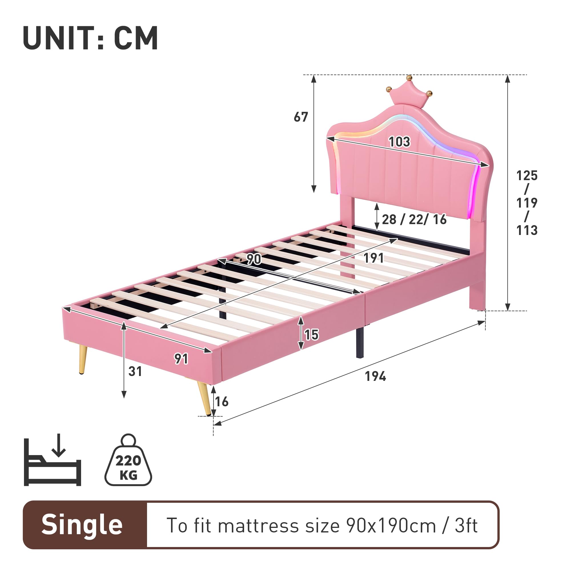 Ball & Cast 3ft Single Upholstered Bed with LED Adjustable Crown Shape Headboard, PU Leather Bed Frame with Solid Wood Slat, No Box Spring Needed