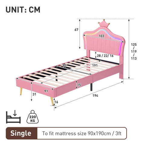 Ball & Cast 3ft Single Upholstered Bed with LED Adjustable Crown Shape Headboard, PU Leather Bed Frame with Solid Wood Slat, No Box Spring Needed
