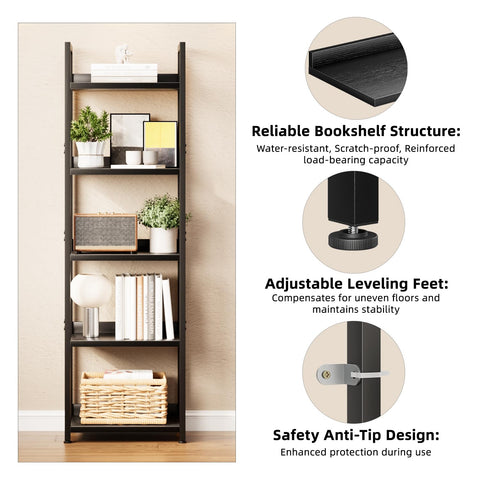APPOLYN 5 Tier Slim Bookshelf, Bookcase with Backboard, Black