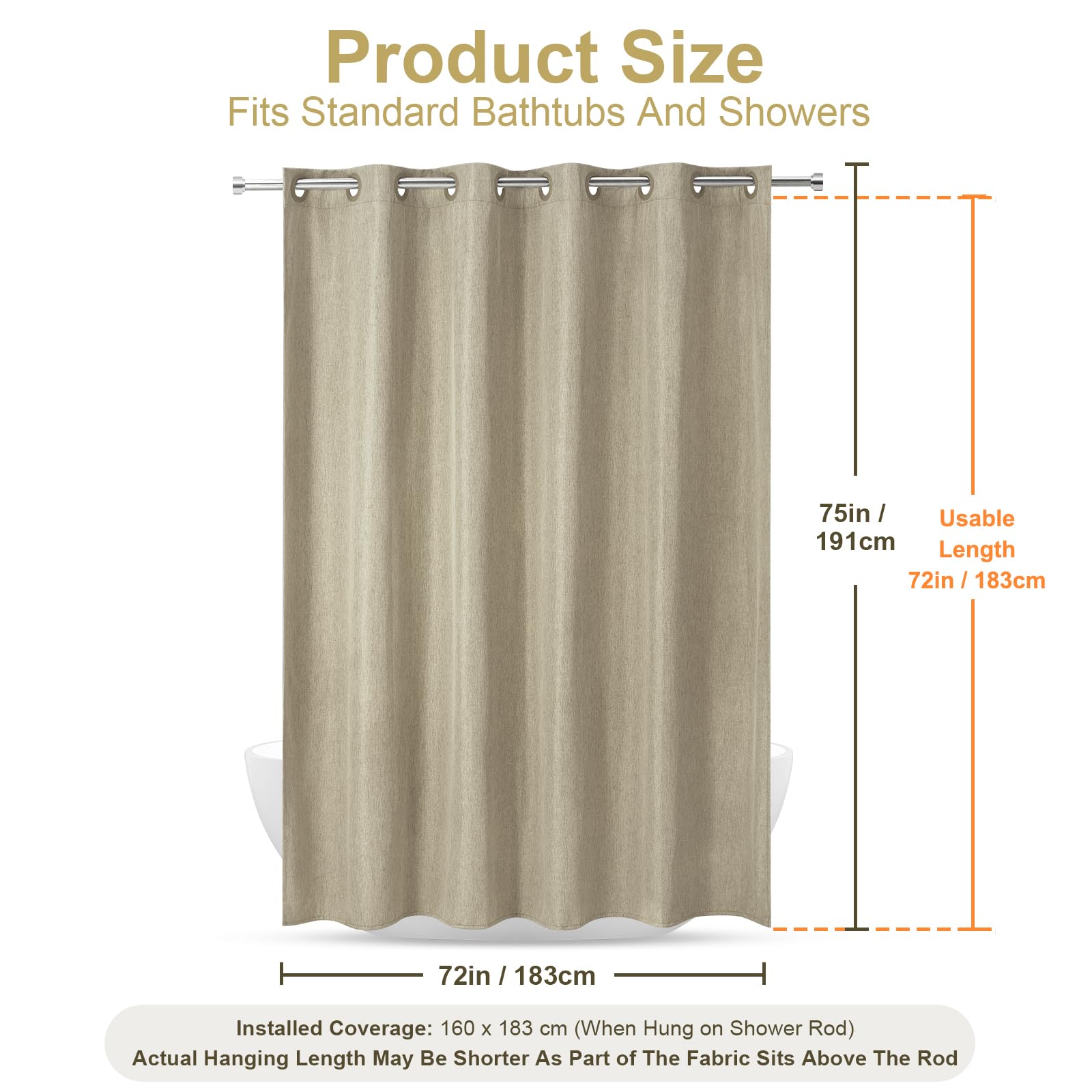 Hotel Style No Hook Rustic Linen Shower Curtain for Bathroom 230GSM Thick Fabric Texture Shower Curtains, Enhanced Waterproof, Weighted Hem