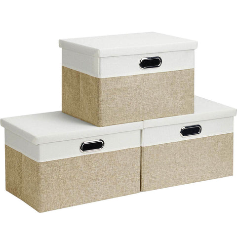 Febzoce Storage Boxes with Lids, Storage Baskets for Shelves Foldable Fabric Storage Bins Organizer for Home and Office Light Brown and White Medium