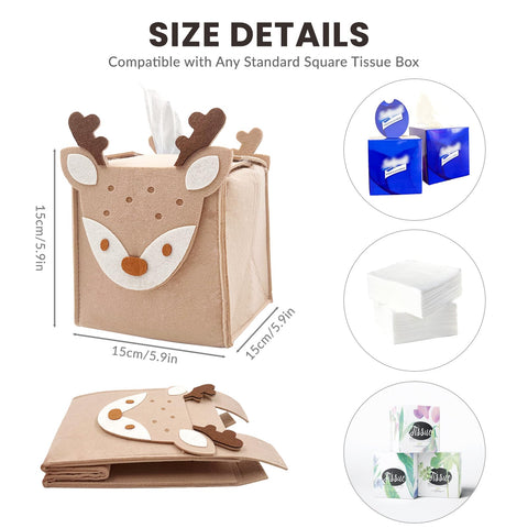Daily Treasures Cute Deer Square Tissue Box Cover,Refillable Felt Tissue Box Holder with Hook And Loop Fasteners,Unique Tissue Storage Organizer