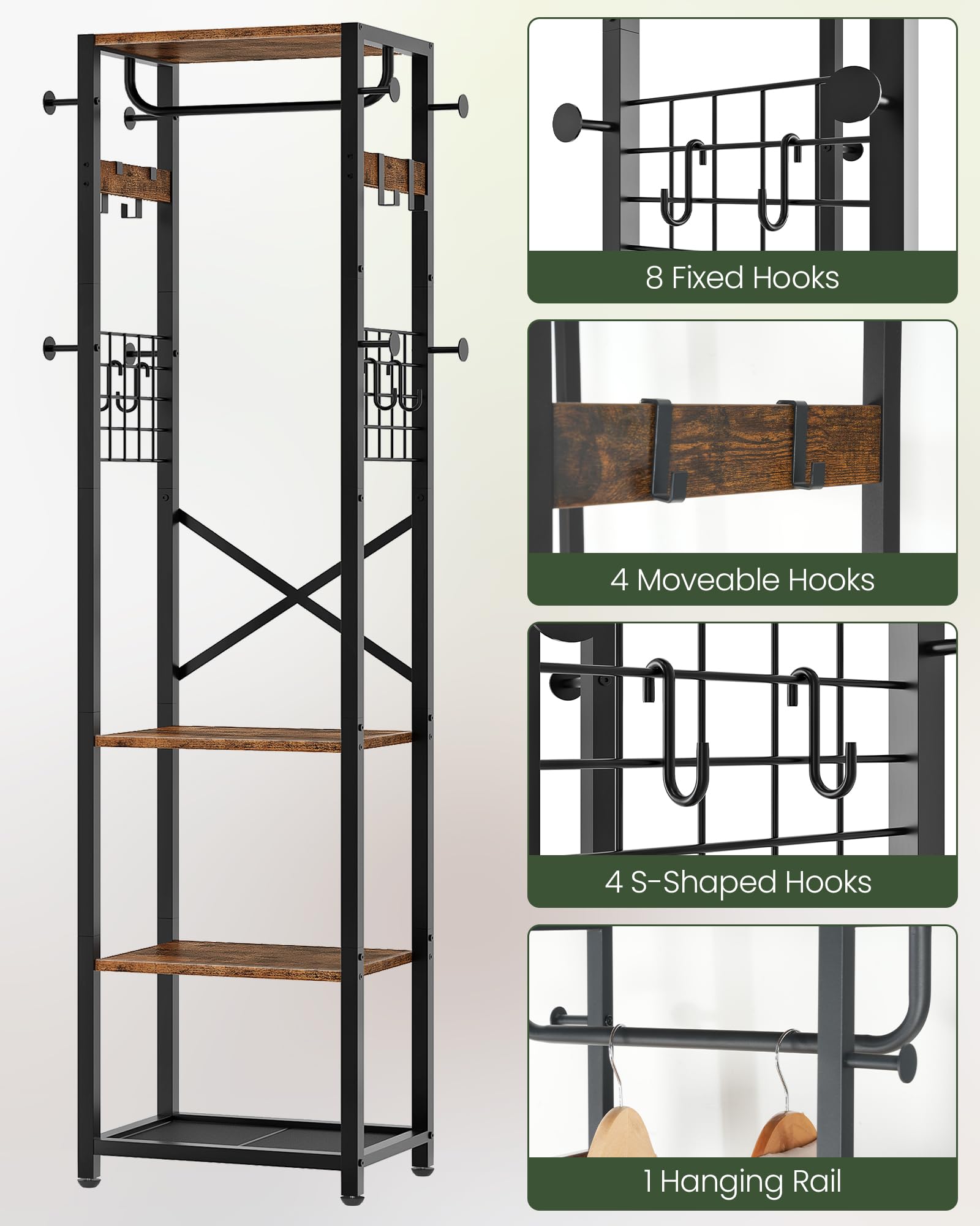 CHOEZON Coat Rack Freestanding, Hall Tree with 3 Storage Shelves, Coat Stand with 16 Hooks and Hanging Rail, Industrial Clothes Stand for Entryway