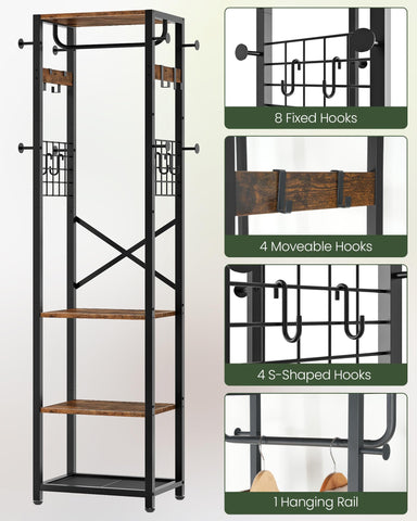 CHOEZON Coat Rack Freestanding, Hall Tree with 3 Storage Shelves, Coat Stand with 16 Hooks and Hanging Rail, Industrial Clothes Stand for Entryway