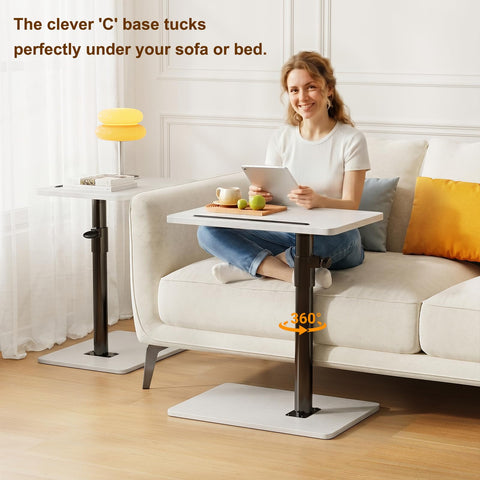 CAIYUN C Shaped Side Table, Height Adjustable Swivel 360° Rotating, White End Table Set of 2 for Small Spaces