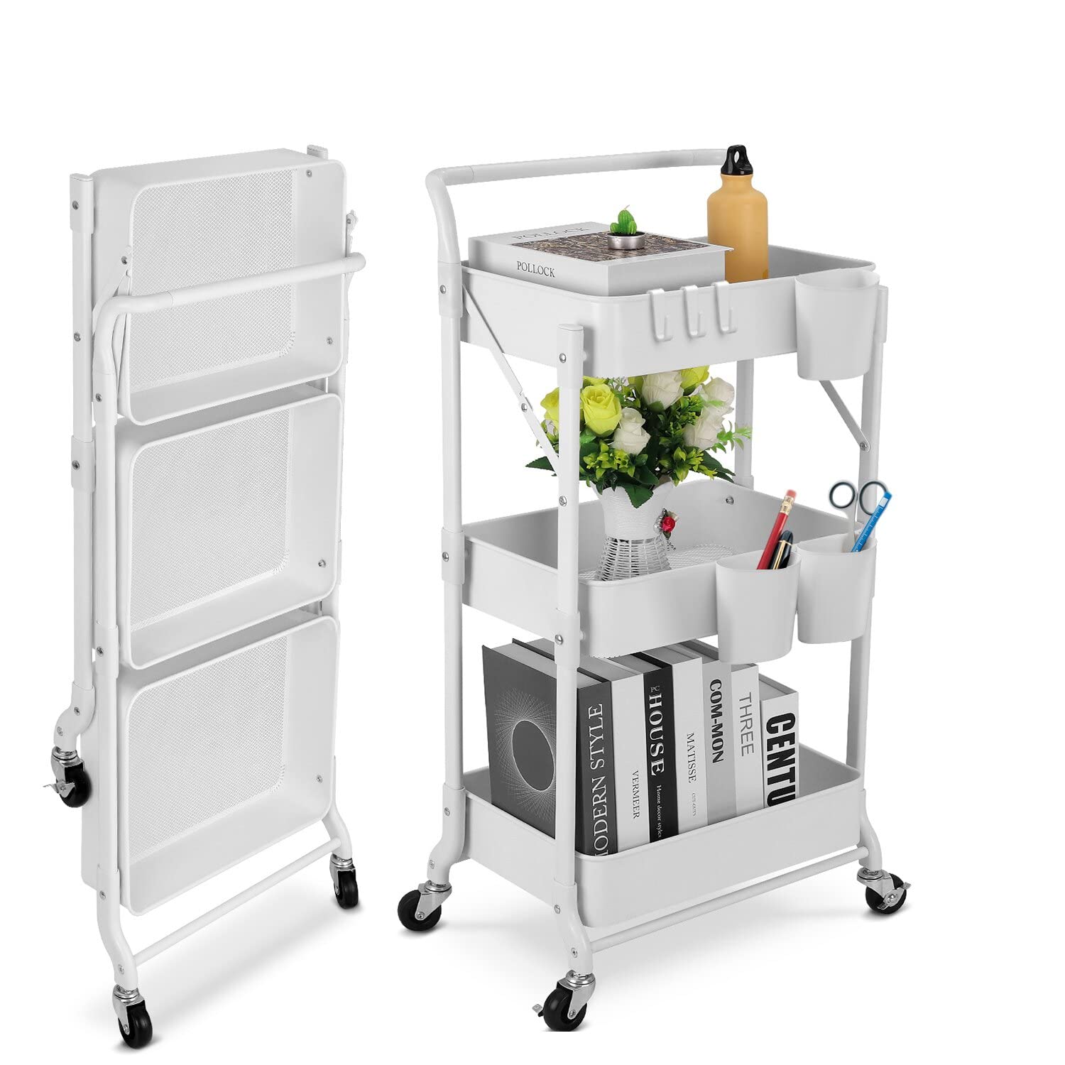johgee Foldable 3 Tier Metal Utility Rolling Cart, Folding Mobile Multi-Function Storage Trolley Organizer Cart for Home Library