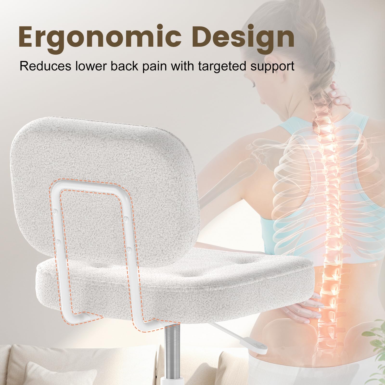 AnyGod Armless Desk Chair, Adjustable Swivel Task Seat, White Teddy-Fleece