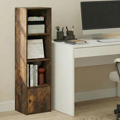 Furinno LUDER 4-Tier Bookshelf with Open Shelf, Standing Bookcase with 1 Door Cabinet, 23.6 x 30.5 x 106.2 cm, for Organization and Storage