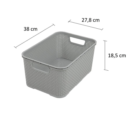 BranQ - Home essential Basket in Rattan Design Set of 3 Large 19 L BPA- Plastic PP Light Grey 38 x 27.8 x 18.5 cm